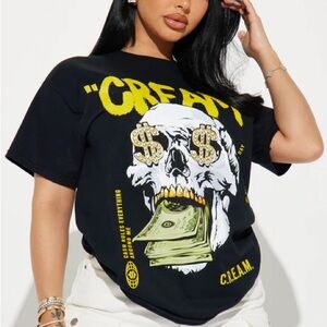 Black Graphic Tee with Skull and Dollar Design